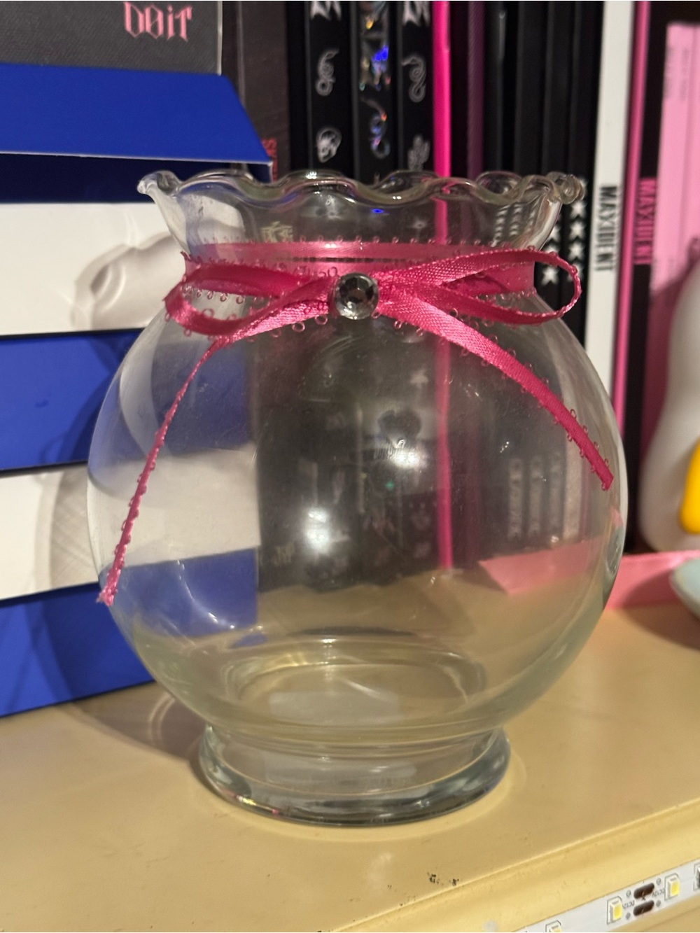 Clear Glass Decorative Vase with Pink Ribbon